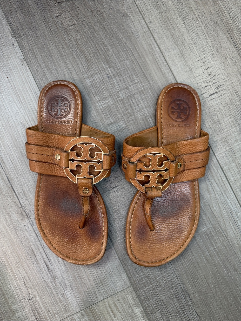 Tory Burch Tan Leather Logo Thong Sandals